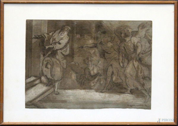 Gregorio Lazzarini - Scena biblica, disegno, inchiostro e acquarello su carta, 17,5x25 cm, entro cornice.
