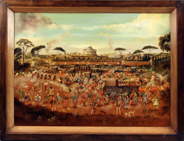 Enzo Muratori - Battaglia su sfondo veduta di Roma, olio su tavola, cm. 55x75, entro cornice.