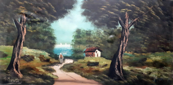 Maestro del Novecento, Paesaggio campestre con lago in lontananza, olio su tela, cm. 60x120, firmato, anni &#39;50.