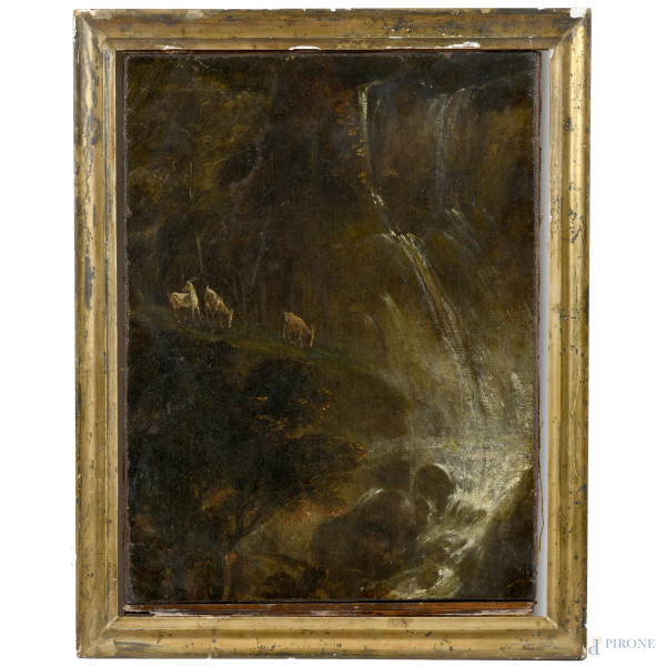 Scorcio di cascata con capre, XIX secolo, olio su tela, cm 39x29, entro cornice, (segni di usura, graffi, piccoli sollevamenti e cadute di colore)