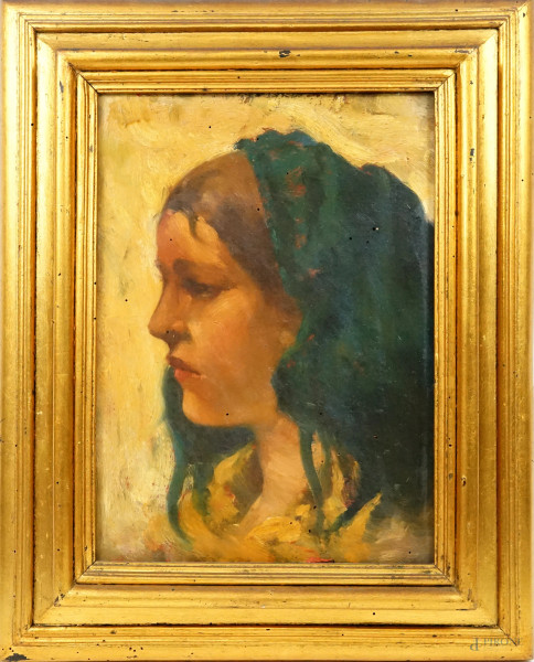 Ritratto di ragazza, olio su tavola, cm 40,5x30,7, XX secolo, entro cornice