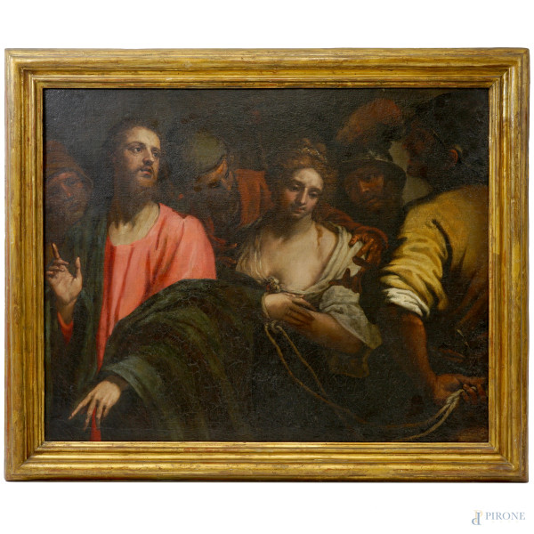 Scuola genovese del XVII secolo, Cristo e l'adultera, olio su tela, cm 93,5x117, entro cornice