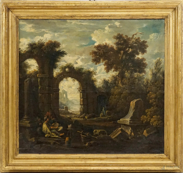 Pittore della fine del XVII secolo, Capriccio con rovine e figure, olio su tela, cm 61,5x66,5, entro cornice