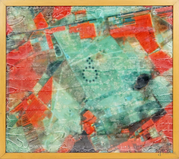 Signature terre - 1989, foto satellitare stampata su carta, cm 48x50, XX secolo, entro cornice, (difetti)