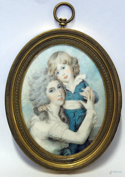 Maternit&#224;, miniatura su avoriolina ad assetto ovale firmata nel retro LA.GIMXI, 1787, cm 11 x 9, entro cornice in ottone.