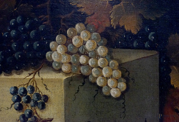 Scuola emiliana del XVIII secolo, Natura morta di frutta entro un paesaggio, cm 89,5x117,5, entro...