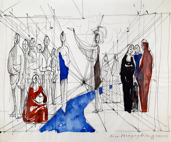 Composizione futurista con figure, tecnica mista su carta, cm 21x24, firmato Ciro Bragaglia (XX sec.)