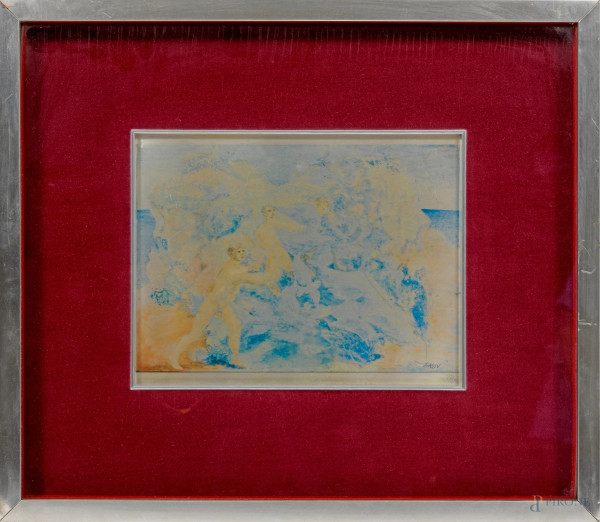 ALIGI SASSU. (Milano 1912 - Pollenca (Spagna) 2000), Figure, litografia su lastra di metallo, esemplare 3/999 firmato in basso a destra, cm 19x24 entro ornice, (difetti)