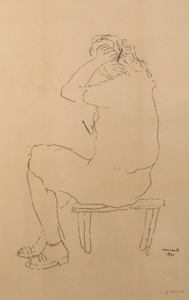 Giovanni Omiccioli - Donna seduta, china su carta, cm. 30x20, datato 1941, entro cornice.