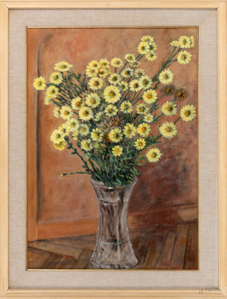 Vaso di fiori, XX secolo, olio su tela, cm 70x50, firmato in basso a destra, entro cornice
