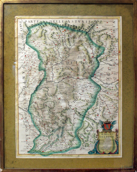 Il regno di Leon, antica mappa geografica, cm 58 x 44, entro cornice.