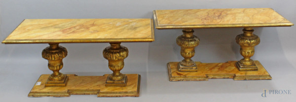 Coppia di tavolini di linea rettangolare costruiti con elementi antichi, piano e base dipinti e laccati a finto marmo, cm h 47x103x53, (segni del tempo).
