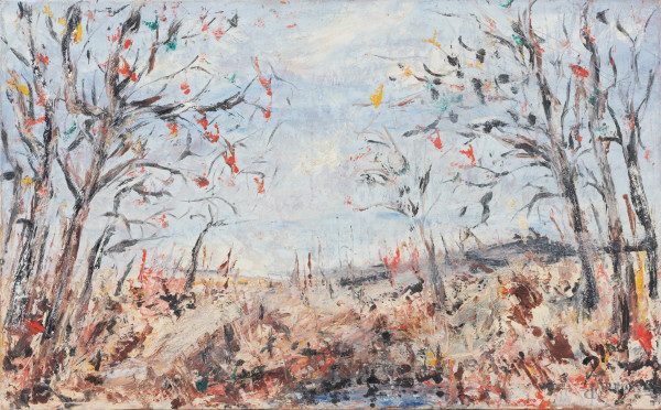 Paesaggio primaverile, XX secolo, olio su tela, cm 38,5x61, (lacerazioni, abrasioni)
