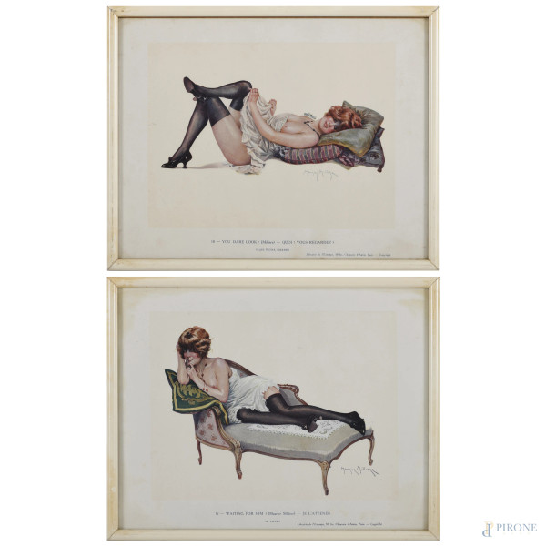 Coppia di stampe erotiche raffiguranti nudi femminili da Maurice Milliere, XX secolo, cm 24,5x31,5 entro cornice