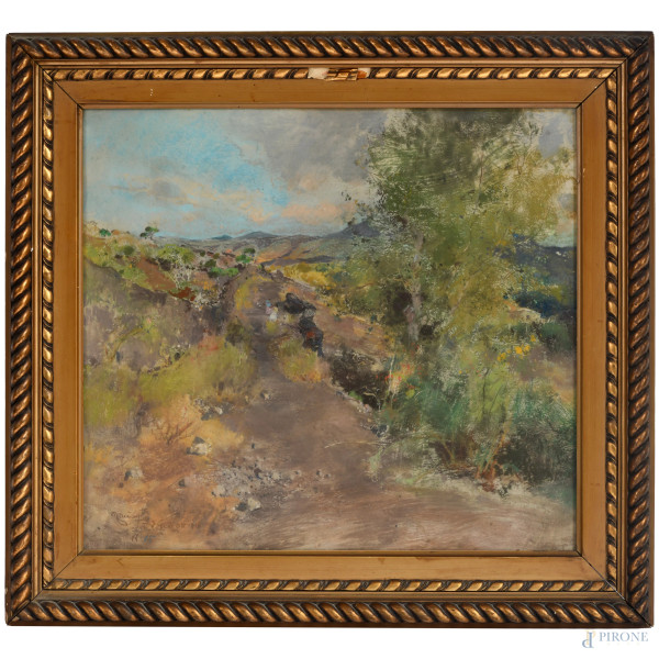 La cava del Vesuvio, pastello su cartoncino, cm 45x50, firmato e datato "3 ottobre 1910" in basso a sinistra (ondulazioni del supporto)