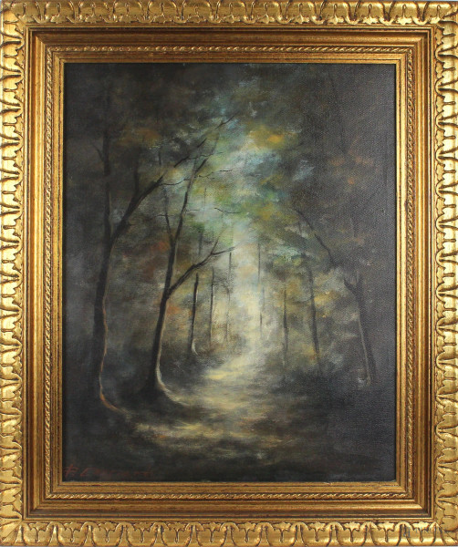 Paesaggio boschivo, olio su tela, cm 50x40, firmato Casciardi, entro cornice.