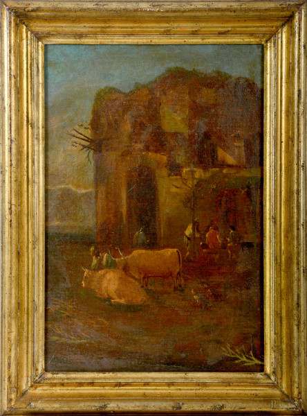 Figure e armenti fuori dalla stalla, olio su tela, cm 53x36, XVIII- XIX secolo entro cornice, (difetti)
