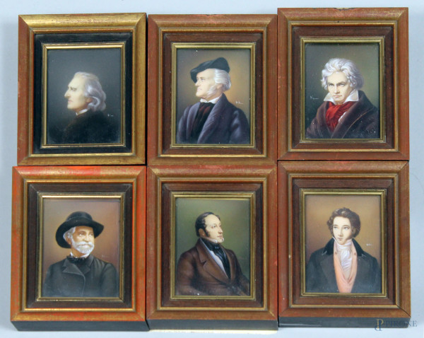 Lotto di sei miniature dipinte raffiguranti musicisti, altezza 8,5x6,5 cm, entro cornici