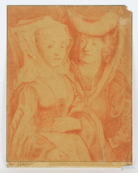 Da Pieter Paul Rubens (Siegen, 1577-Anversa, 1640), Santa Begga e Ansegiso, sanguigna su carta, cm 32,5x25,5, (difetti)