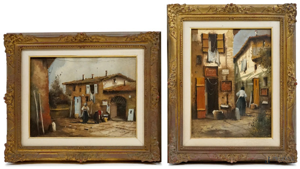 Coppia di dipinti raffiguranti scorci di borgo con figure, olio su tela, cm 40x30, firmati, entro cornici