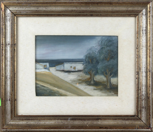 Paesaggio con case ed alberi, olio su tela, cm 18x24, firmato, entro cornice