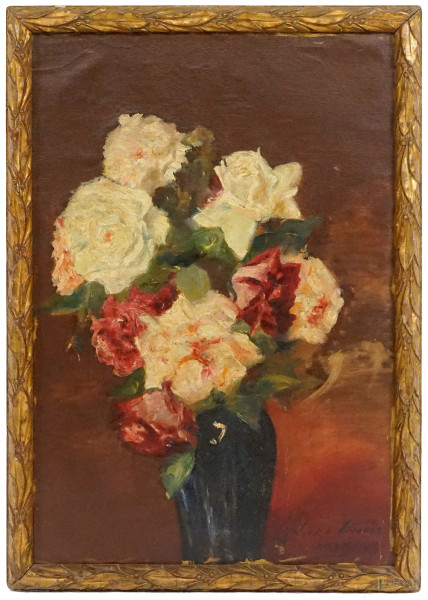 Vaso con fiori, olio su tela, cm 53x36, firmato e datato, entro cornice.