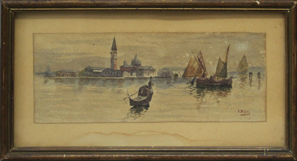 Scorcio di Venezia, acquarello su cartoncino 19x7, entro cornice, firmato.