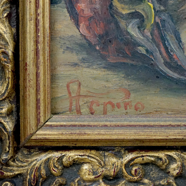 Natura morta-paiolo con patate, olio su cartone, cm 18x24, firmato, entro cornice