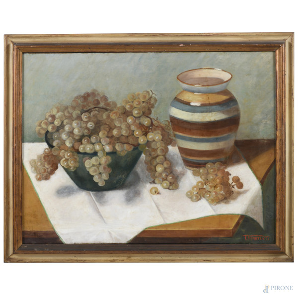 Coppia di dipinti raffiguranti vasi di fiori, olio su tela, misure massime cm 66,5x54, firmato in...