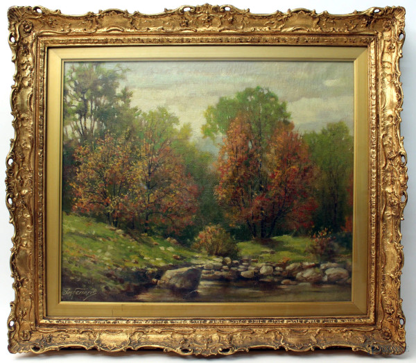Paesaggio boschivo, olio su tela, cm 50x60, firmato A. Ferraris, entro cornice.