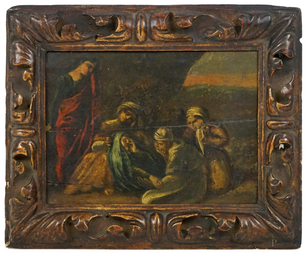 La morte della Vergine, antico dipinto ad olio su tavola, cm 21x30, entro cornice, (difetti).