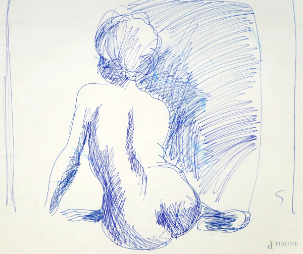 Enotrio Pugliese - Nudo di schiena, penna su carta, cm 38x48, entro cornice.