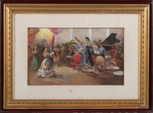 Il ballo, XX secolo, olio su faesite, cm 30x50, firmato in basso a sinistra, entro cornice