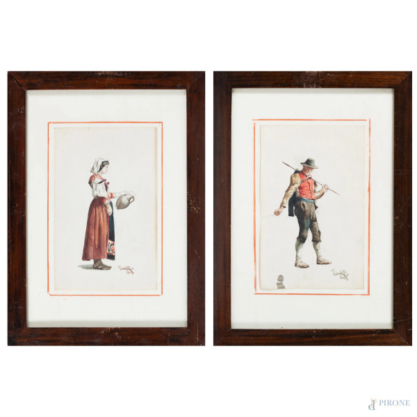 Lotto di due acquerelli su carta raffiguranti popolani, acquerello su carta, XX secolo, cm 33x21, firmati e iscritti "Roma" in basso a destra, entro cornice, (segni di usura del tempo)