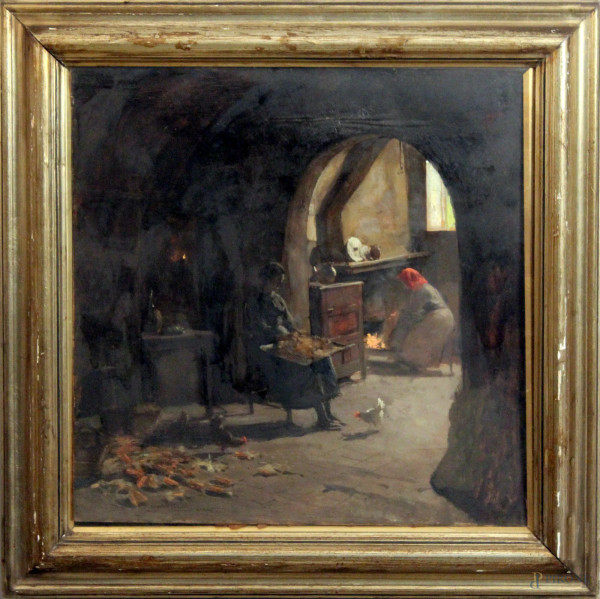 Alberto Carosi - Interno di stanza con camino e donne, olio su compensato, 50x50 cm, entro cornice firmato e datato 1936