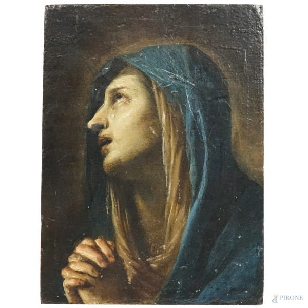 Madonna in preghiera, olio su tavola, cm 17,5x12,9, recante iscrizione e timbri in  ceralacca a tergo