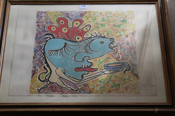Salvador Dal&#236; - Animale fantastico, litografia a colori, 64x48 entro cornice. 
