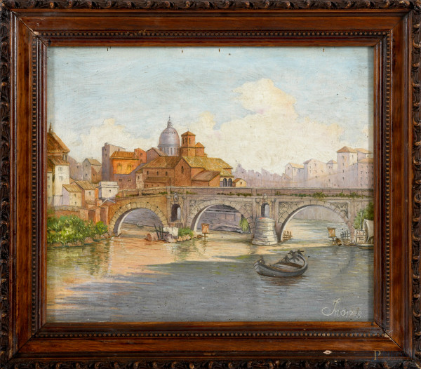 Scorcio di Roma, XX secolo, olio su compensato, cm 25x30, firmato in basso a destra, entro cornice