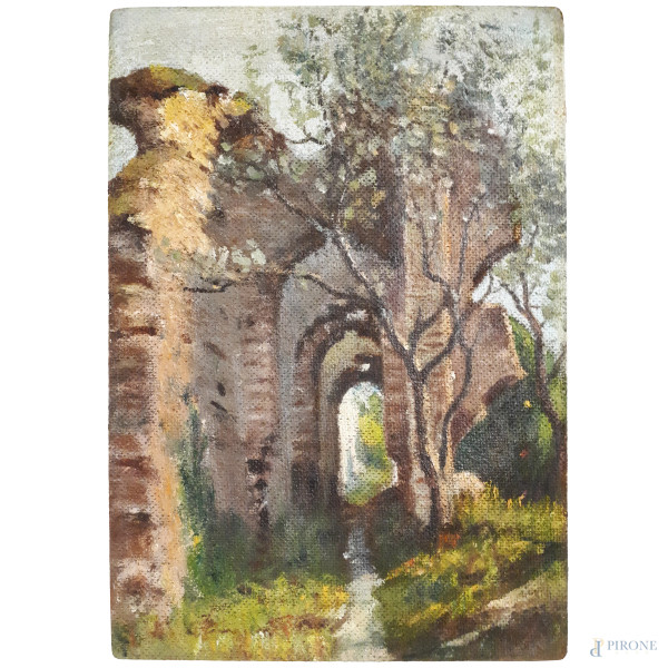 Artista del Novecento, Scorcio di paesaggio con rudere e alberi, olio su faesite, 1955, cm 32x22, firma e data al retro