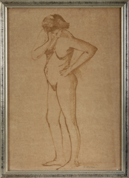 Sergio Verginelli (1941), Nudo di Donna, colore a base acquosa su carta, firmato in basso a destra, cm 67x47, entro cornice, (difetti)