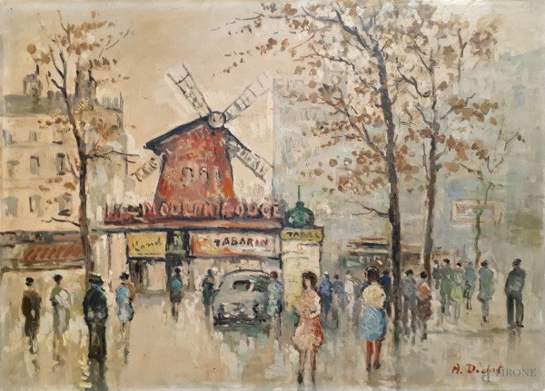 Maurice Utrillo (seguace) Viale parigino con Moulin Rouge, anni 40, dipinto ad olio su tela, cm 50x70, firmato