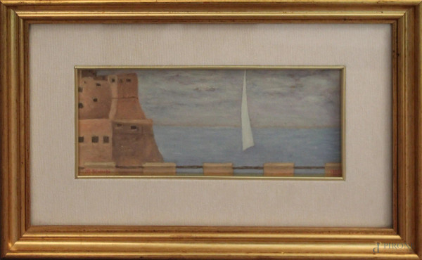 Scorcio di costa con castello, olio su cartone firmato M. Petrocchi e datato 1985, cm 11 x 26, entro cornice.