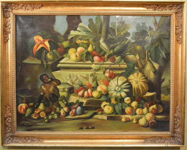 Natura morta con frutta e scimmia, olio su tela 75x100 cm, entro cornice firmato.