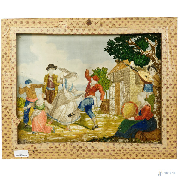 Quadro in seta ricamata rappresentante il ballo della Tarantella, XIX secolo, cm 42,5x57,5, entro...