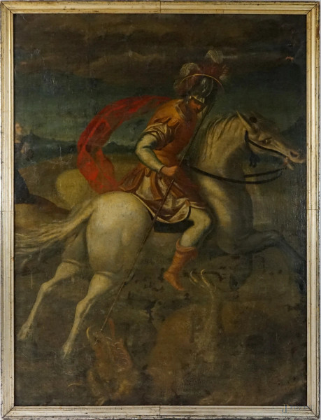 Pittore del XVII secolo, San Giorgio e il drago, olio su tela, cm 170x125,5, entro cornice, (cadute di colore).