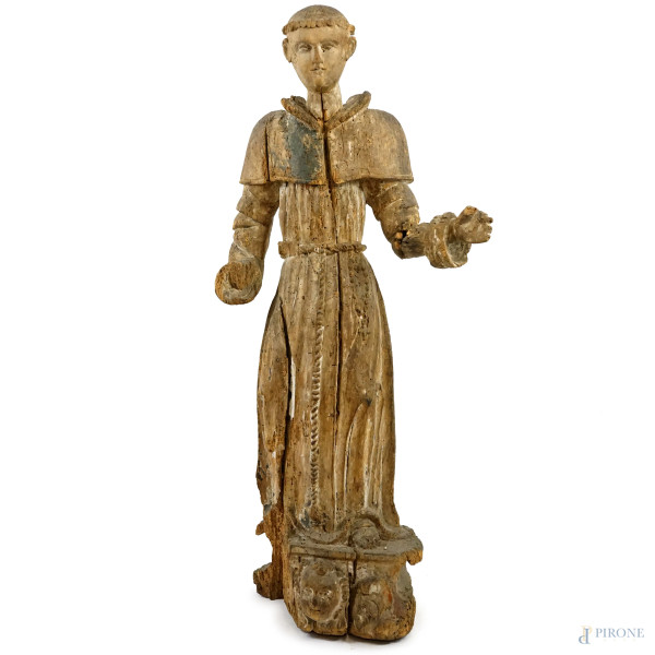 San Francesco, scultura in legno con tracce di policromia, XVII secolo, cm h 116, (difetti e mancanze)