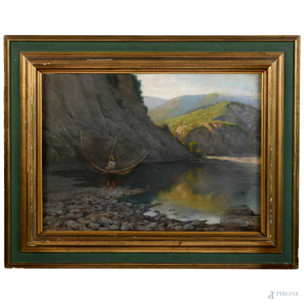 Pescatore, XX secolo, pastello su carta, cm 50x68, firmato in basso a destra, entro cornice