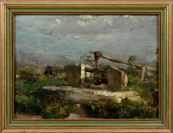 Il pozzo, XIX-XX secolo, olio su cartone, cm 16,5x22,5, entro cornice, (segni di usura, cartone imbarcato)