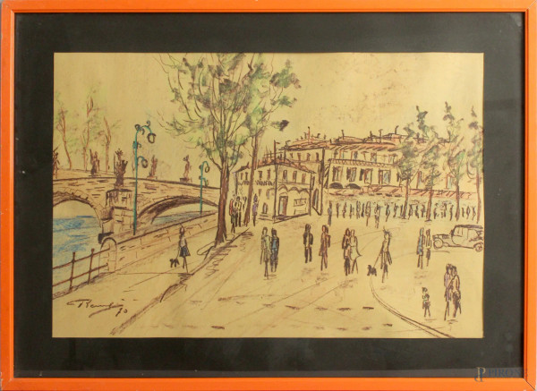 Scorcio di piazza con figure, pastelli su carta, cm. 38x58, firmato, entro cornice.