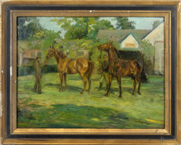 Paesaggio con cavalli e figure, olio su cartone, cm 31x41, firmato, entro cornice.